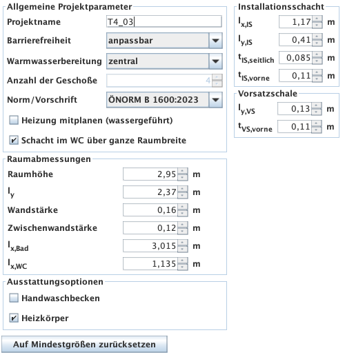 Veränderbare Parameter der ausgewählten Standardtypologie