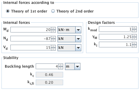 Input - internal forces, design factors and specifications concerning stability